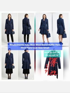 Rinascimento Italy Blue Wool Blend Ruffle Hem Fit & Flare Coat Size Small